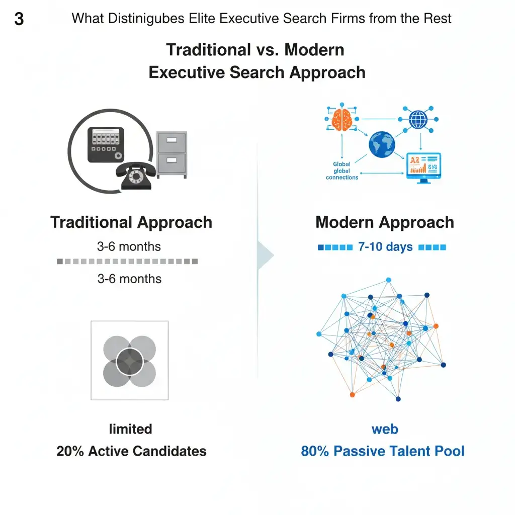 Comparison chart showing traditional 3-6 month executive search methods versus modern 7-10 day AI-powered talent mapping approach